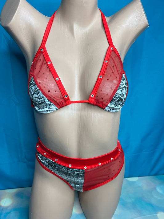 Red Mesh & Animal Print Two-Piece Shorts Lingerie Outfit