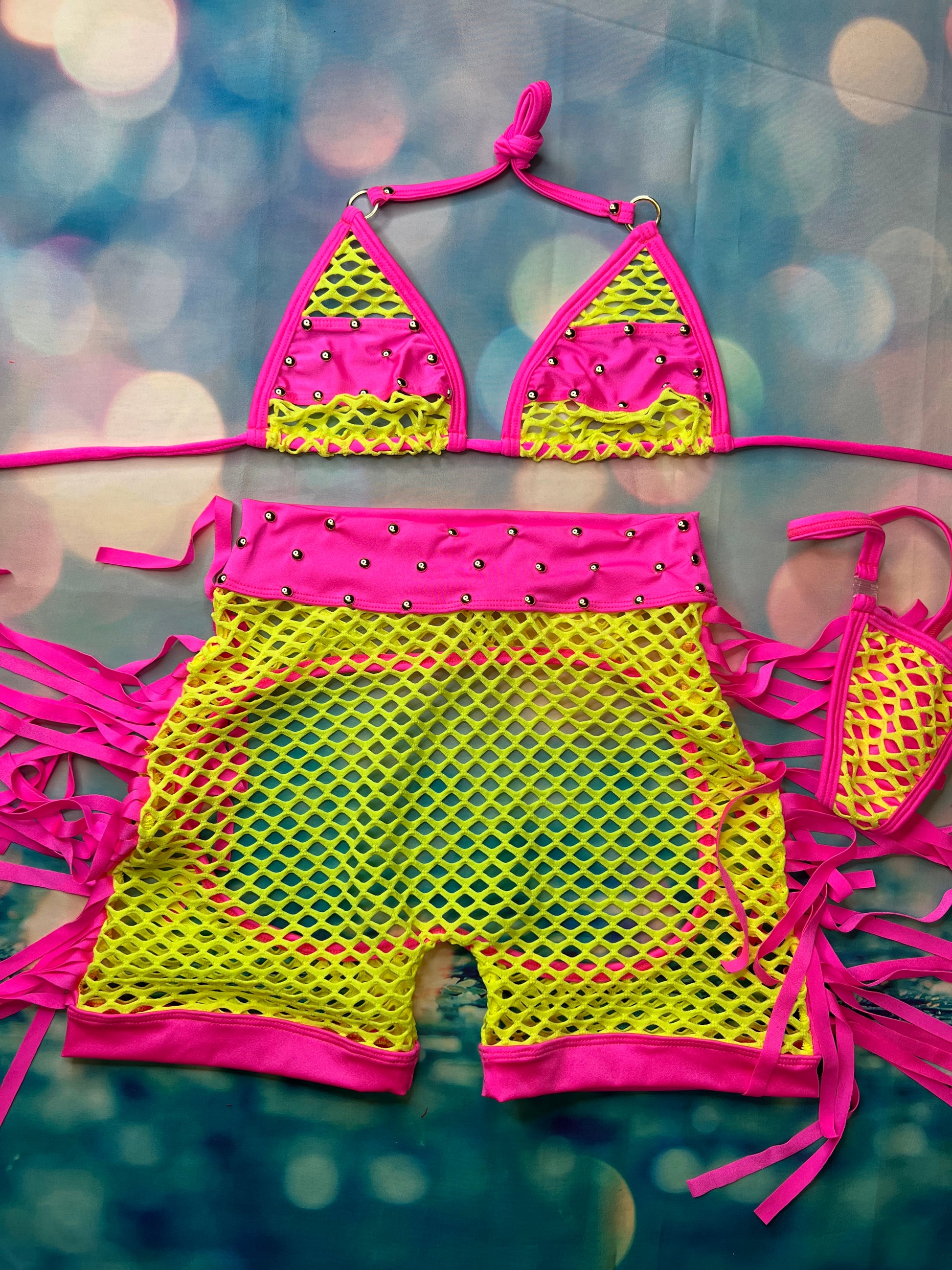 Neon Pink/Yellow Two-Piece Exotic Dance Wear Outfit for Stunning