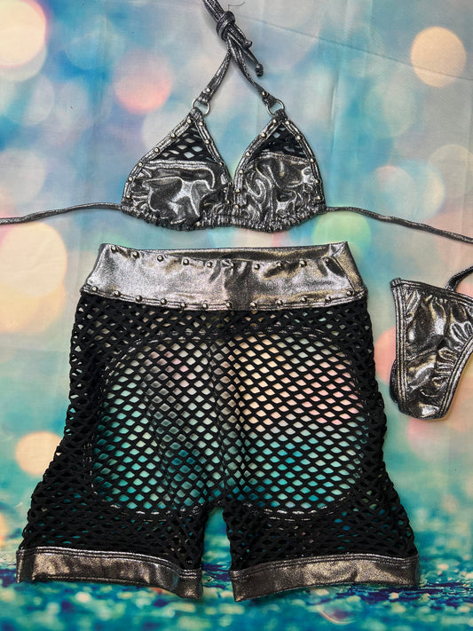  Chrome Two-Piece Exotic Dance Wear Outfit Shimmer in Style