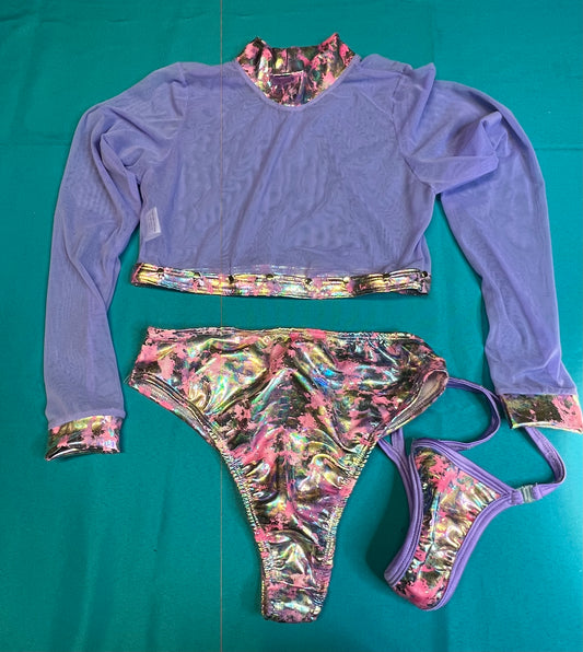 Multi-Color Shorts & Lavender Long Sleeve Mesh Top Dance Wear