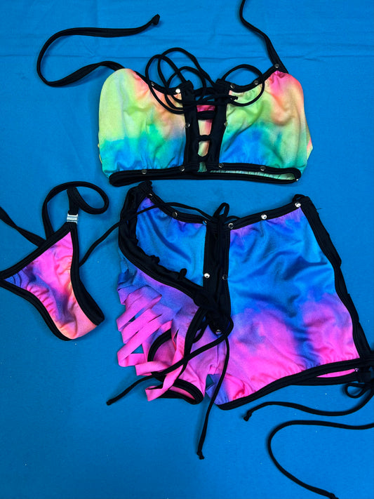 Two-Piece Tie Dye Stretch Fabric Top/Ripped Shorts Lingerie Outfit