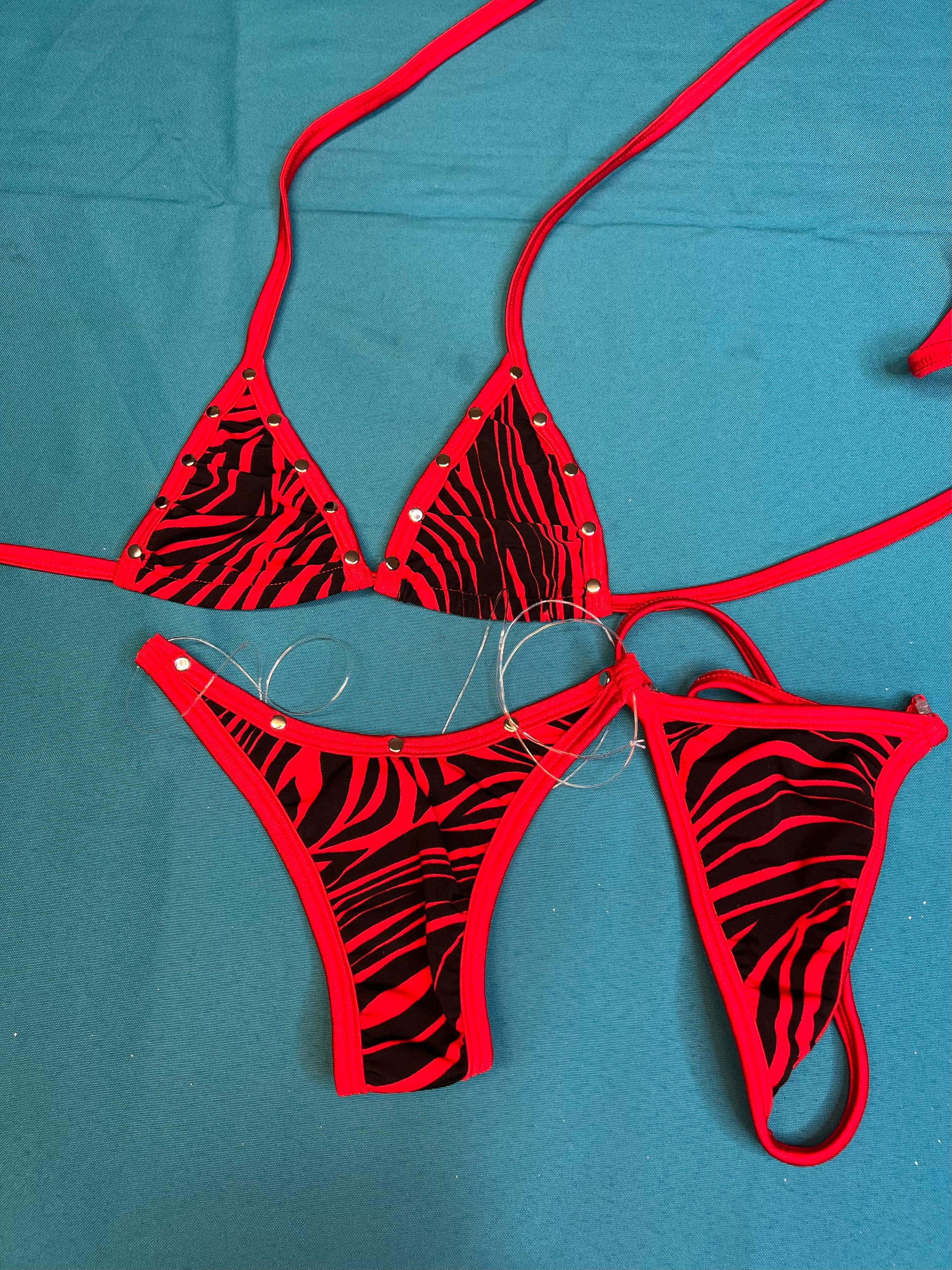 Striped Stretch Fabric Bikini Two-Piece Red/Black Lingerie Outfit