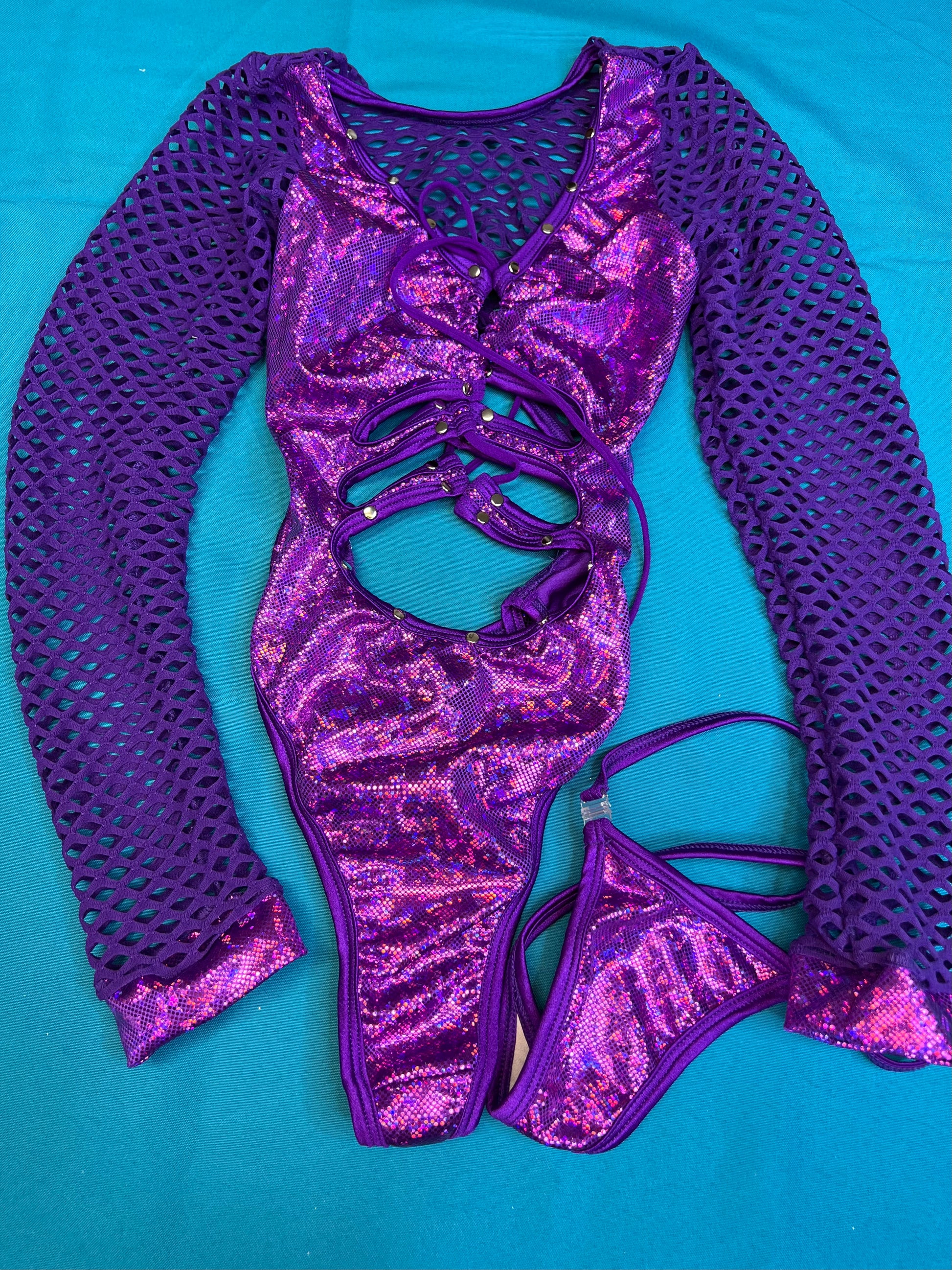 Metallic Purple Stretch Fabric and Purple Fishnet Lingerie Outfit