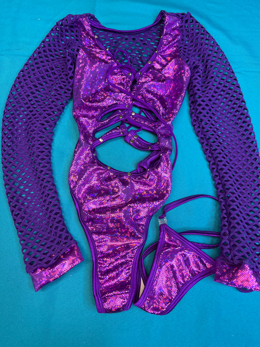 Metallic Purple Stretch Fabric and Purple Fishnet Lingerie Outfit