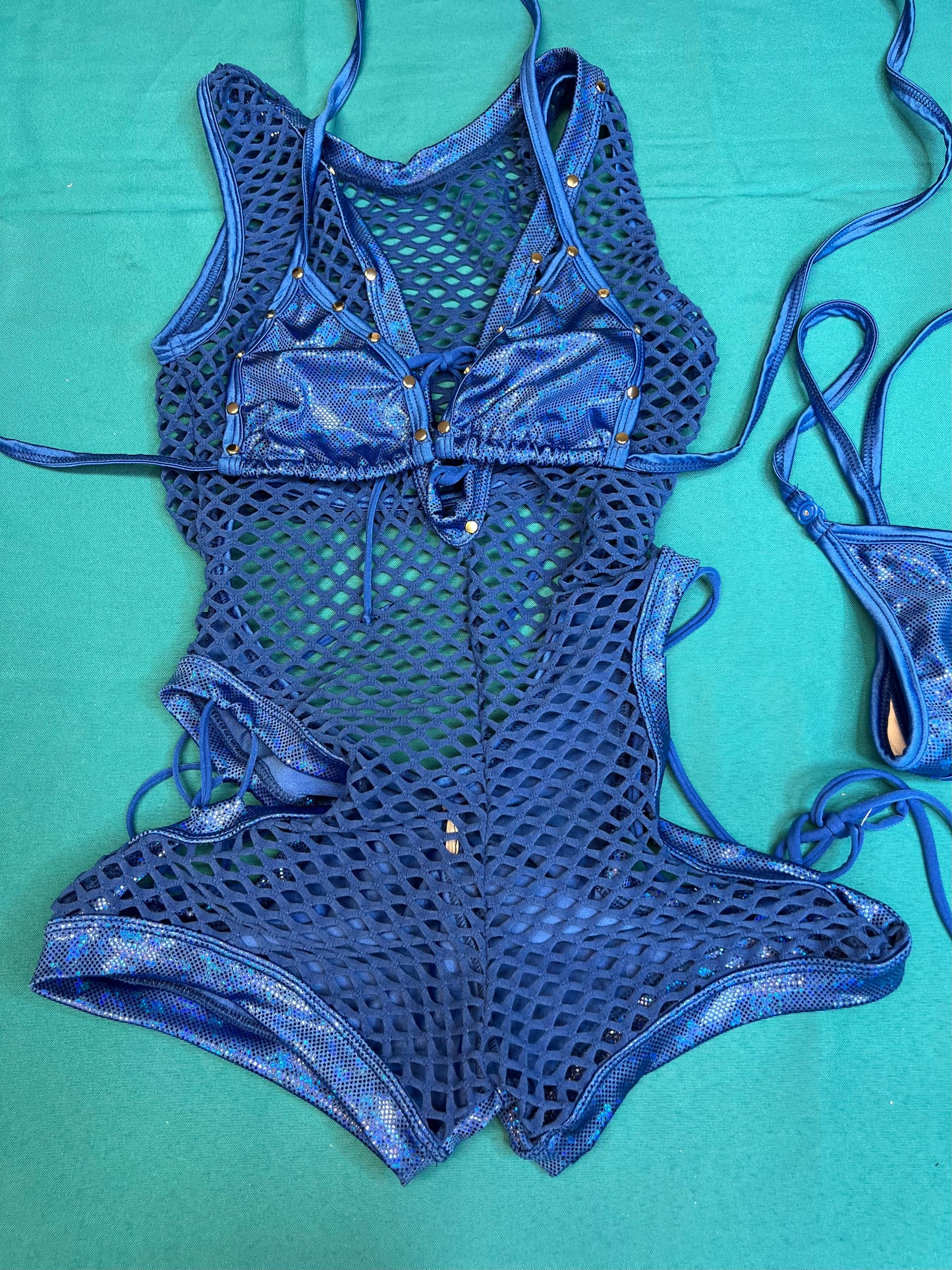 Metallic Blue Stretch Fabric/Blue Fishnet Bikini Top/Romper outfit