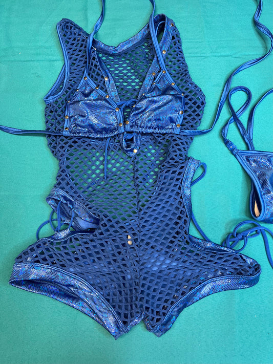 Metallic Blue Stretch Fabric/Blue Fishnet Bikini Top/Romper outfit