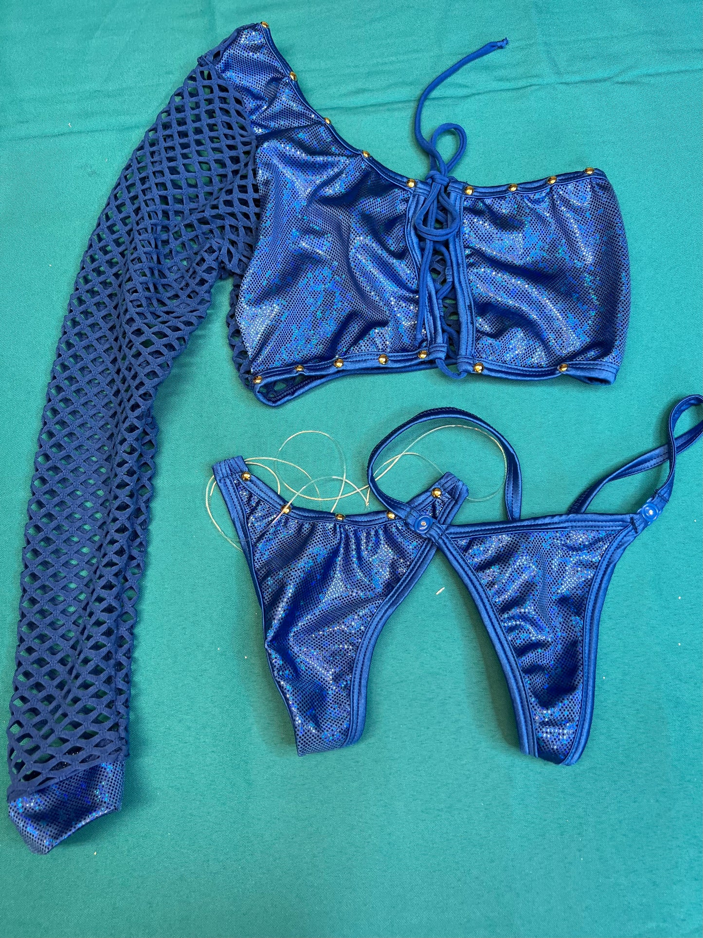 Two-Piece Lingerie Metallic Blue Stretch Fabric/Royal Blue Fishnet