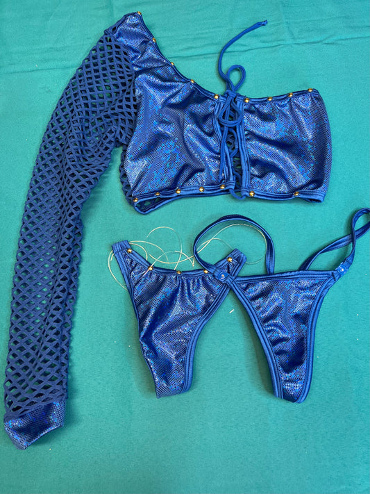 Two-Piece Lingerie Metallic Blue Stretch Fabric/Royal Blue Fishnet