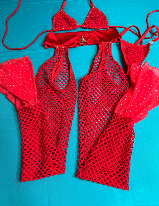 Red Fishnet/Mesh Chaps Leg Outfit Dance Wear & Stripper Attire 