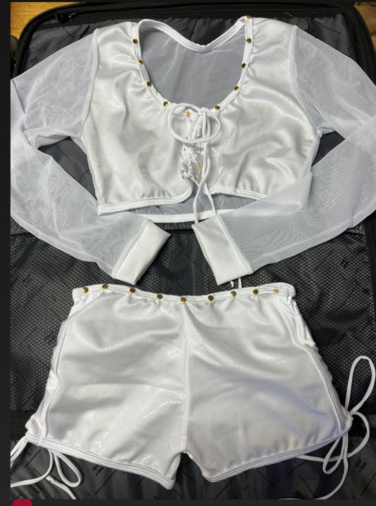 Two-Piece Metallic White Stretch Fabric & White Mesh Outfit 