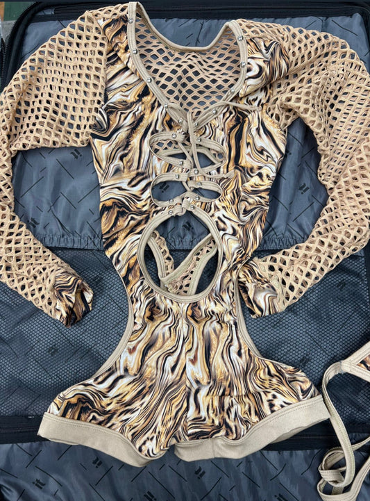 Long Sleeve Gold Fishnet & Tan Stretch Fabric Romper Outfit