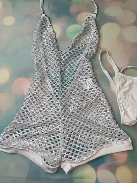 Glamorous Metallic White Fishnet One-Piece Exotic Dance Wear