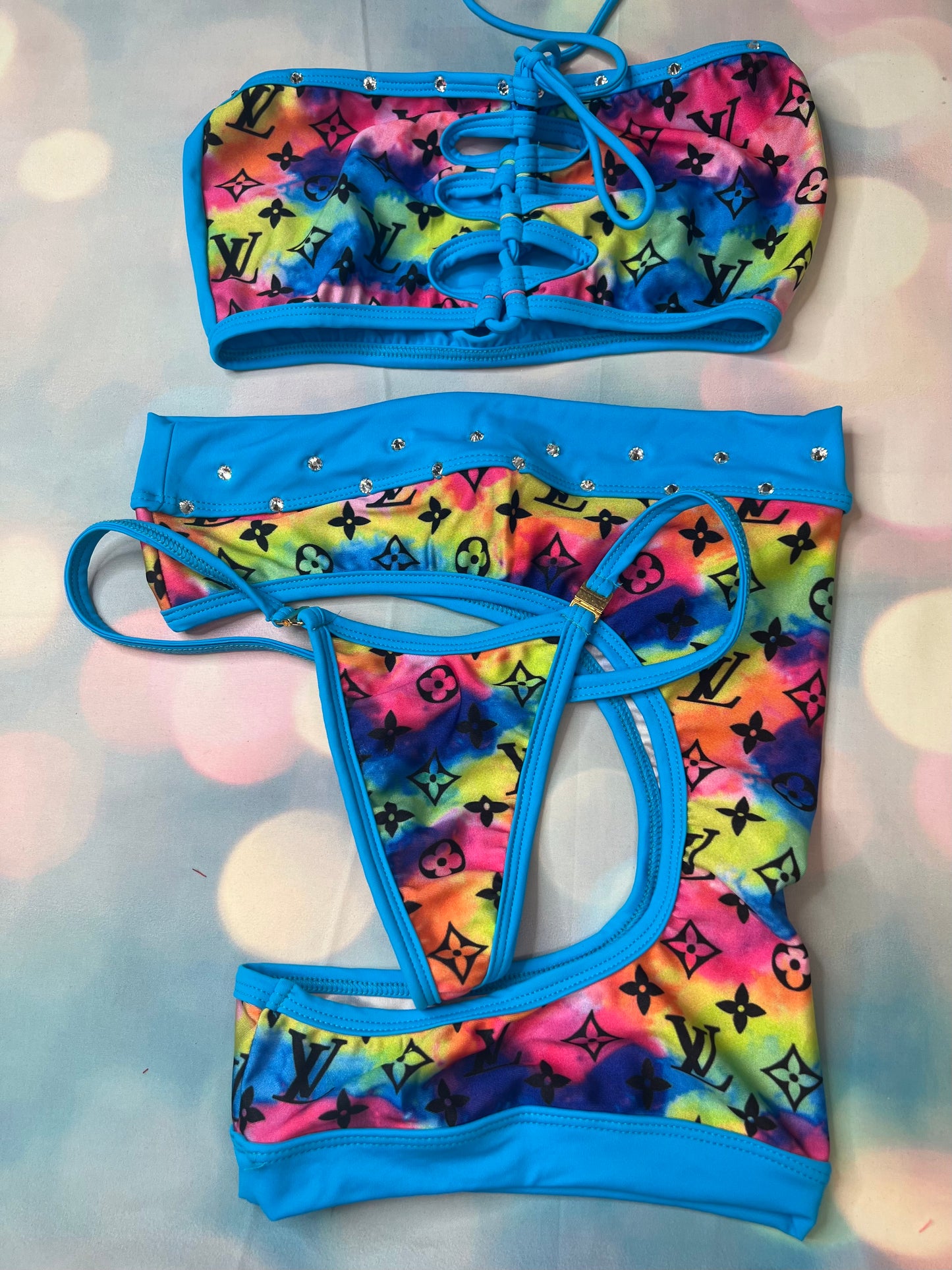 Baby Blue/Tie Dye Exotic Dance Wear Two-Piece Single Leg Short