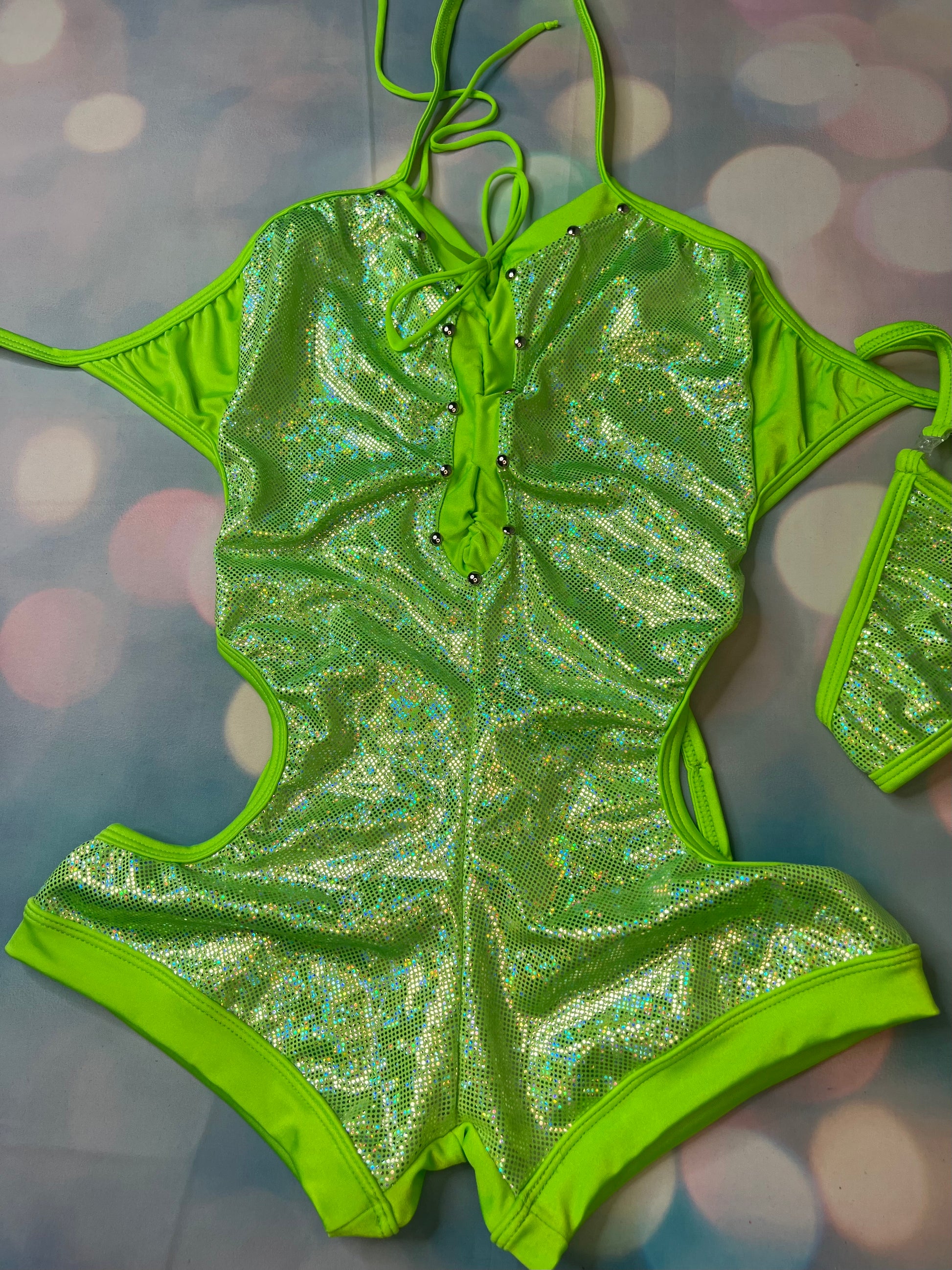 Neon Green One-Piece Exotic Dance Wear Open-Back Romper