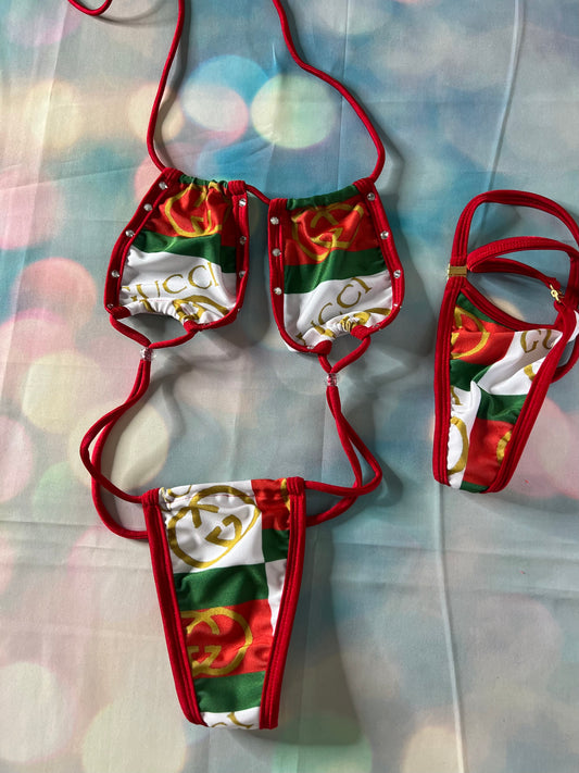 Exotic Dance Wear Sling Shot Outfit Red/Green Lingerie 