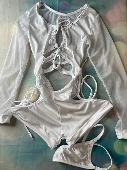 White Romper Exotic Dance Wear - Long Sleeve One-Piece Outfit