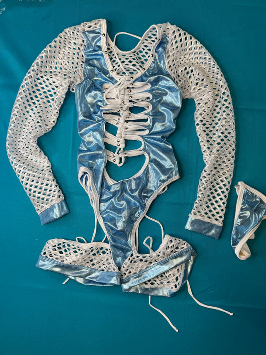 Dazzling White/Silver Fishnet & Baby-Blue One-Piece Exotic Dance