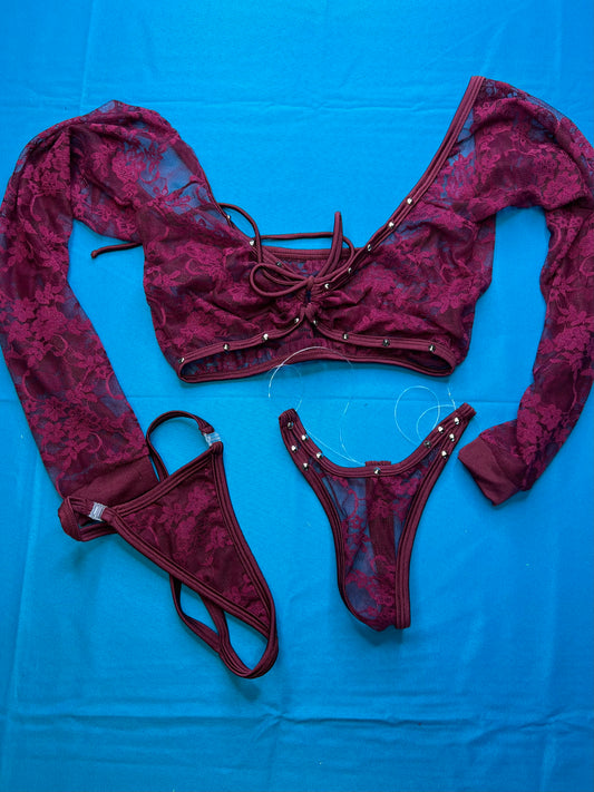 Burgundy Lace Two-Piece Lingerie Set for Exotic Dance Wear