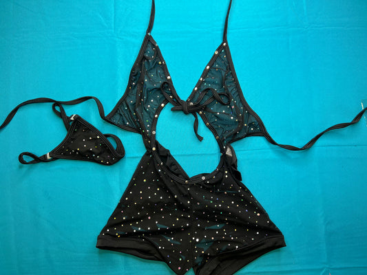 Black Mesh One-Piece Outfit Exotic Dance Wear & Silver Sparkles