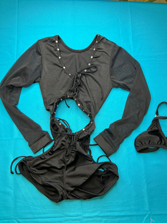 Sensual Black Stretch Fabric & Long Sleeve Mesh One-Piece Outfit