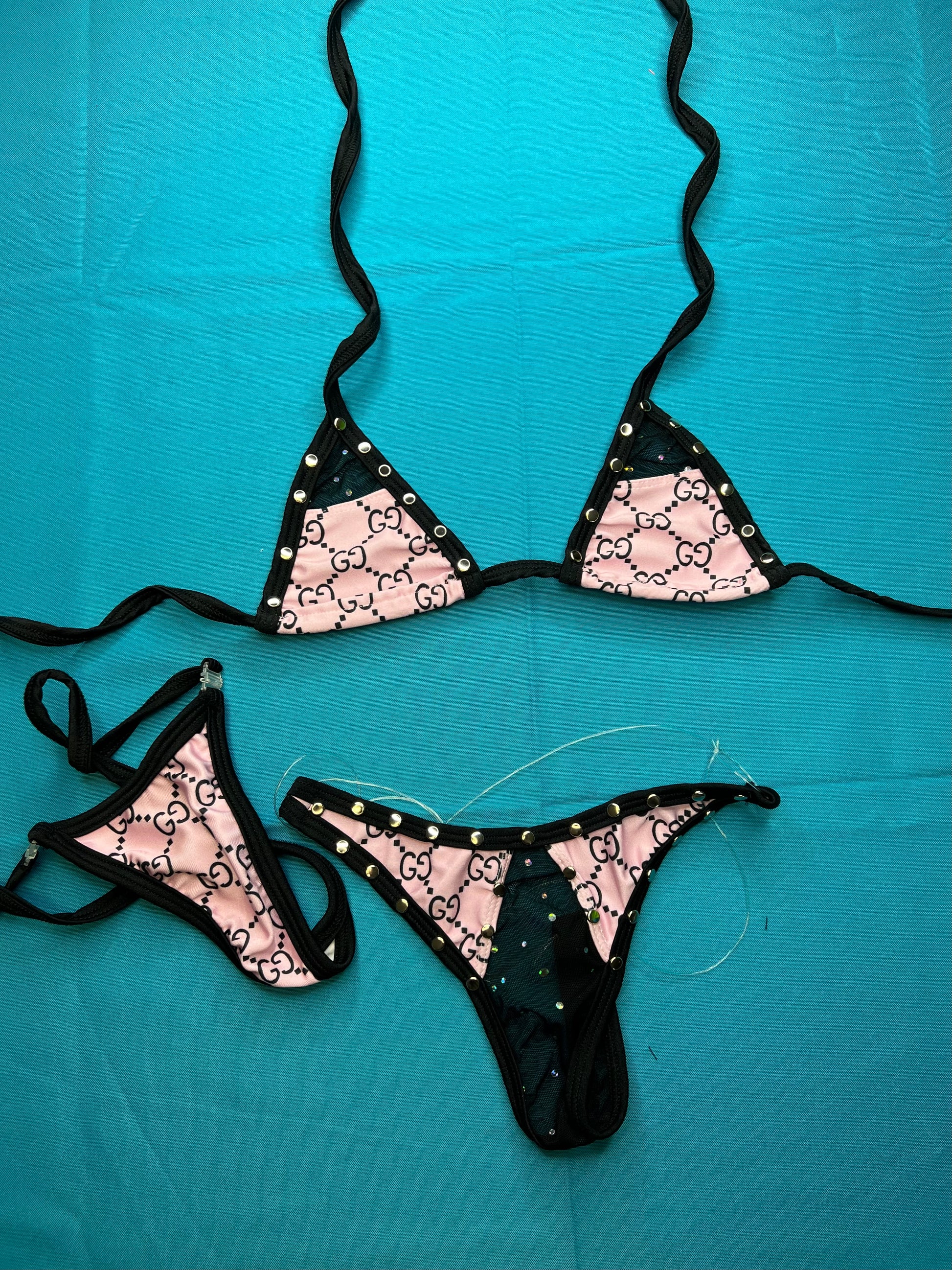 Two-Piece Baby Pink/Black Mesh Bikini Outfit Exotic Dance Wear