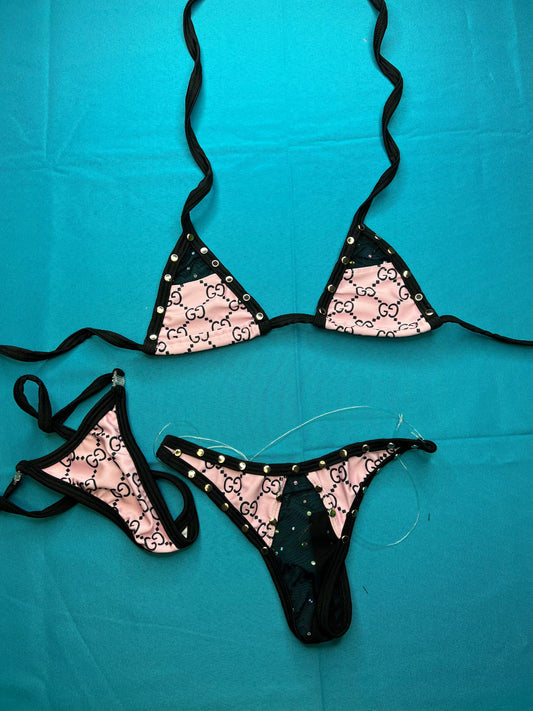 Two-Piece Baby Pink/Black Mesh Bikini Outfit Exotic Dance Wear