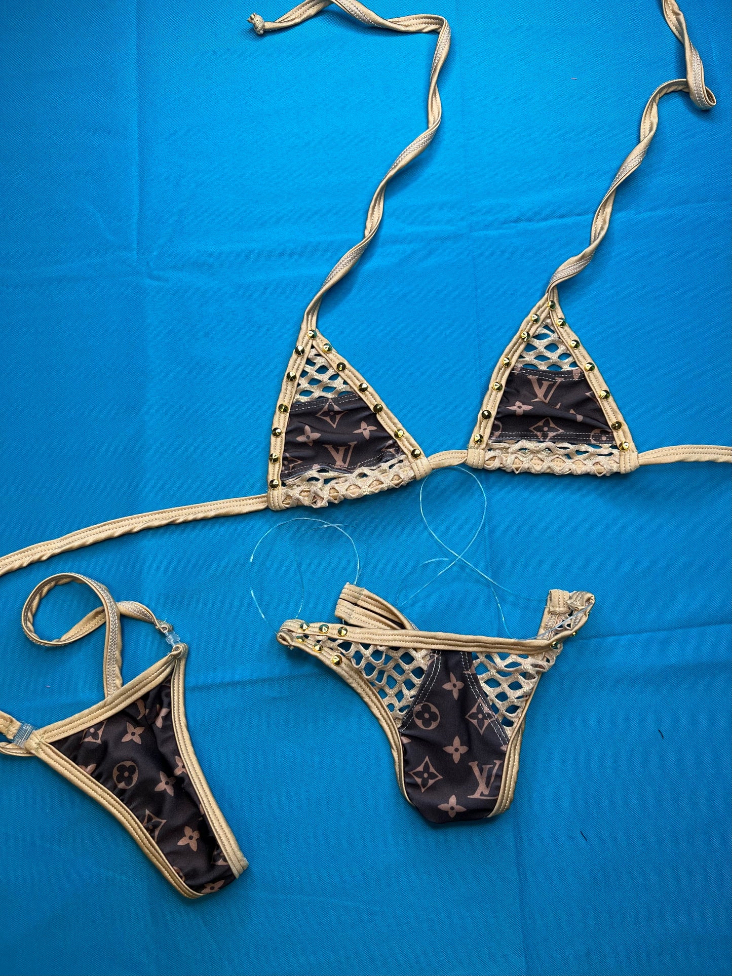 Two-Piece Gold/Brown/Fishnet Bikini Exotic Dance Wear & Stripper