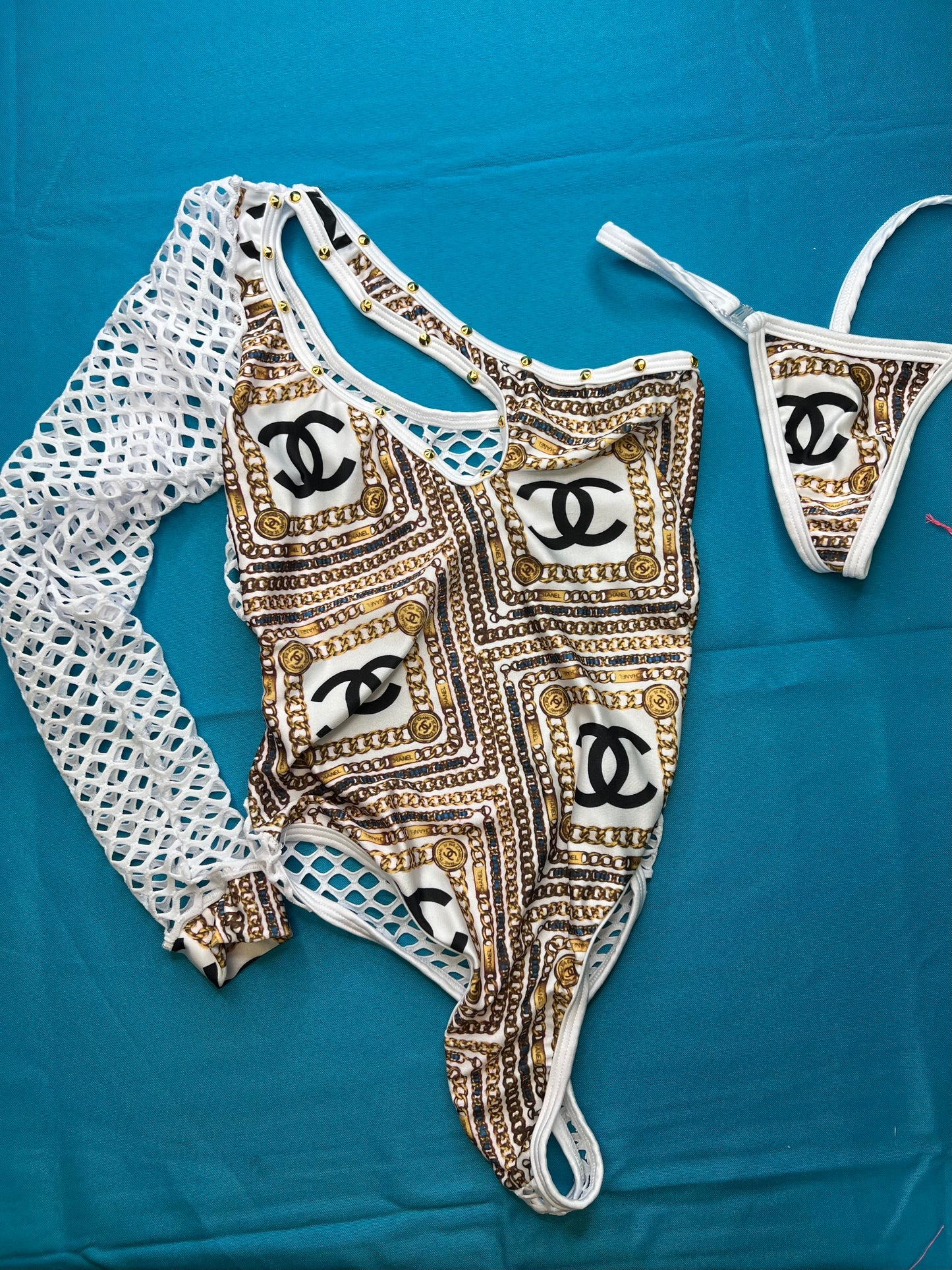 One-Piece White/Gold Exotic Dance Wear Outfit Sexy Stripper