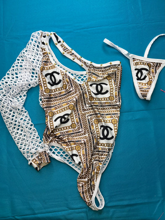 One-Piece White/Gold Exotic Dance Wear Outfit Sexy Stripper