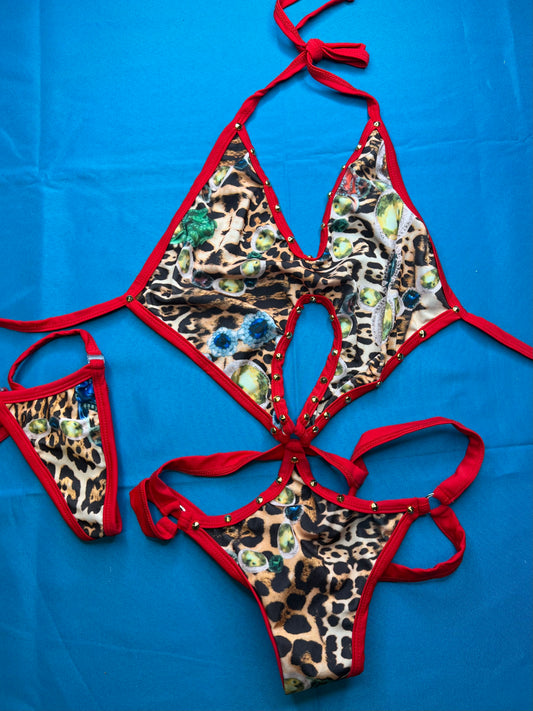 Red And Cheetah Print Exotic Dance Wear Wild One-Piece Outfit