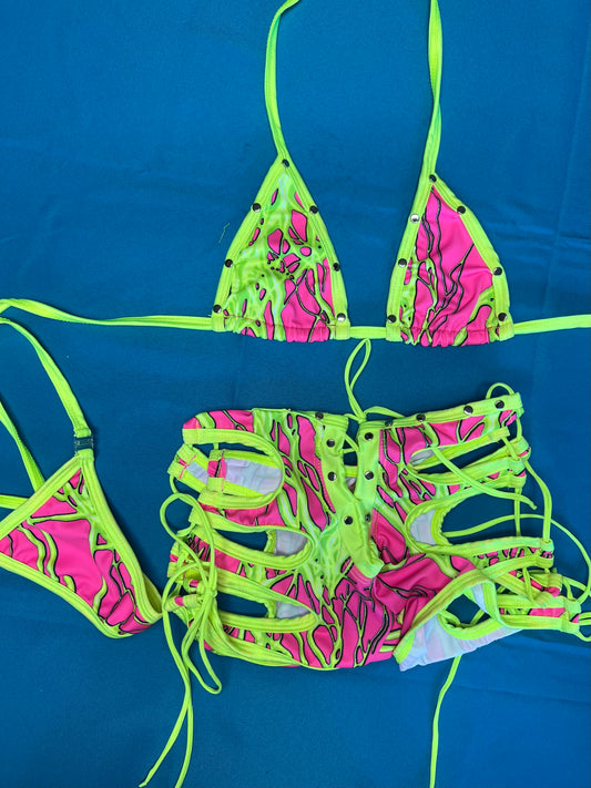 Two-Piece Hot Pink/Neon Yellow with Bikini Top Exotic Dance Wear
