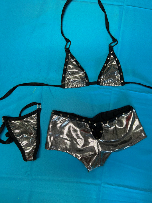 Two-Piece Chrome And Black Bikini Top/Shorts Lingerie Outfit