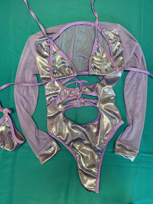One-Piece Purple Mesh & Metallic Leotard Outfit Matching Thong