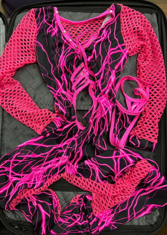 Exotic Dance Wear Hot Pink Fishnet Long-Sleeve Body Suit 