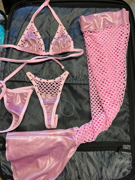 Exotic Dance Wear Baby Pink Fishnet Leg Outfit Stripper Lingerie
