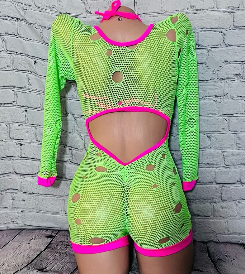 Exotic Dance Wear Neon Green/Hot Pink Romper Outfit Vibrant