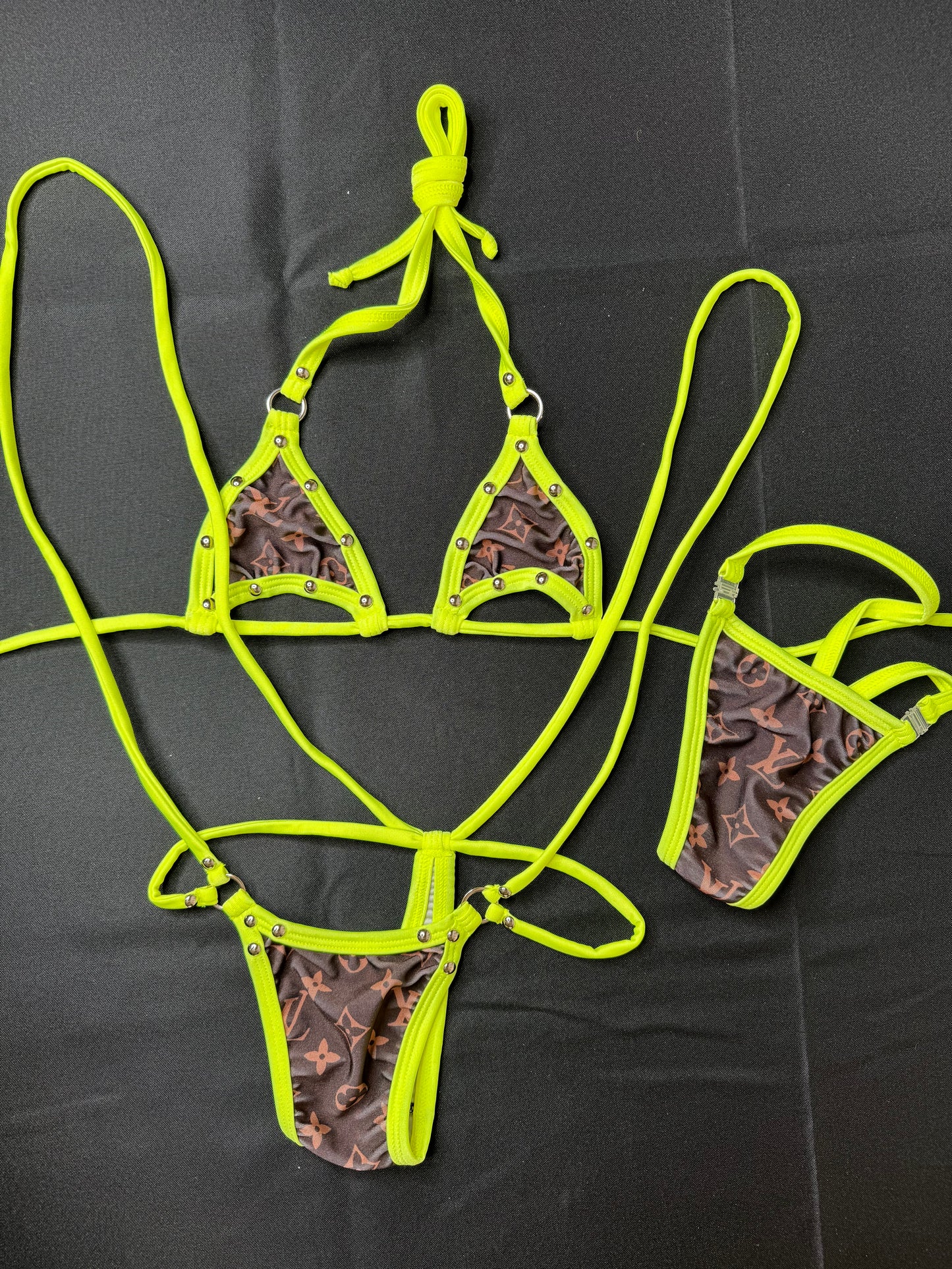 Sling Shot Exotic Dance Wear Set Bikini Outfit Neon Yellow/Brown