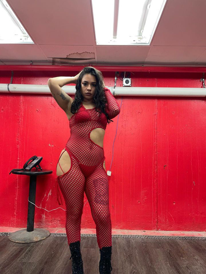 Red Fishnet Single Sleeve Bikini Top Dance Wear & Bartender