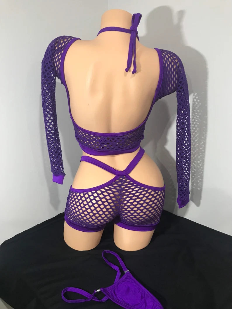 Purple Fishnet Long Sleeve Outfit 3-Piece Exotic Dance Wear Set