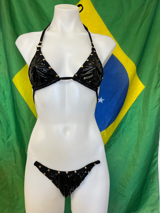 Black Latex Two Piece Exotic Dance Wear Bikini Outfit