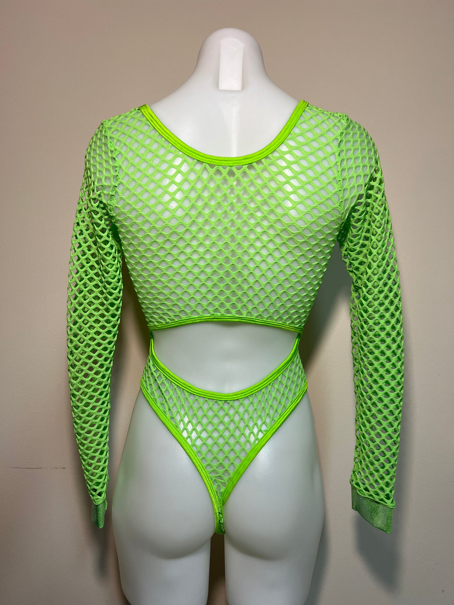 Neon Green Fishnet Exotic Dance Wear One-Piece Leotard Outfit