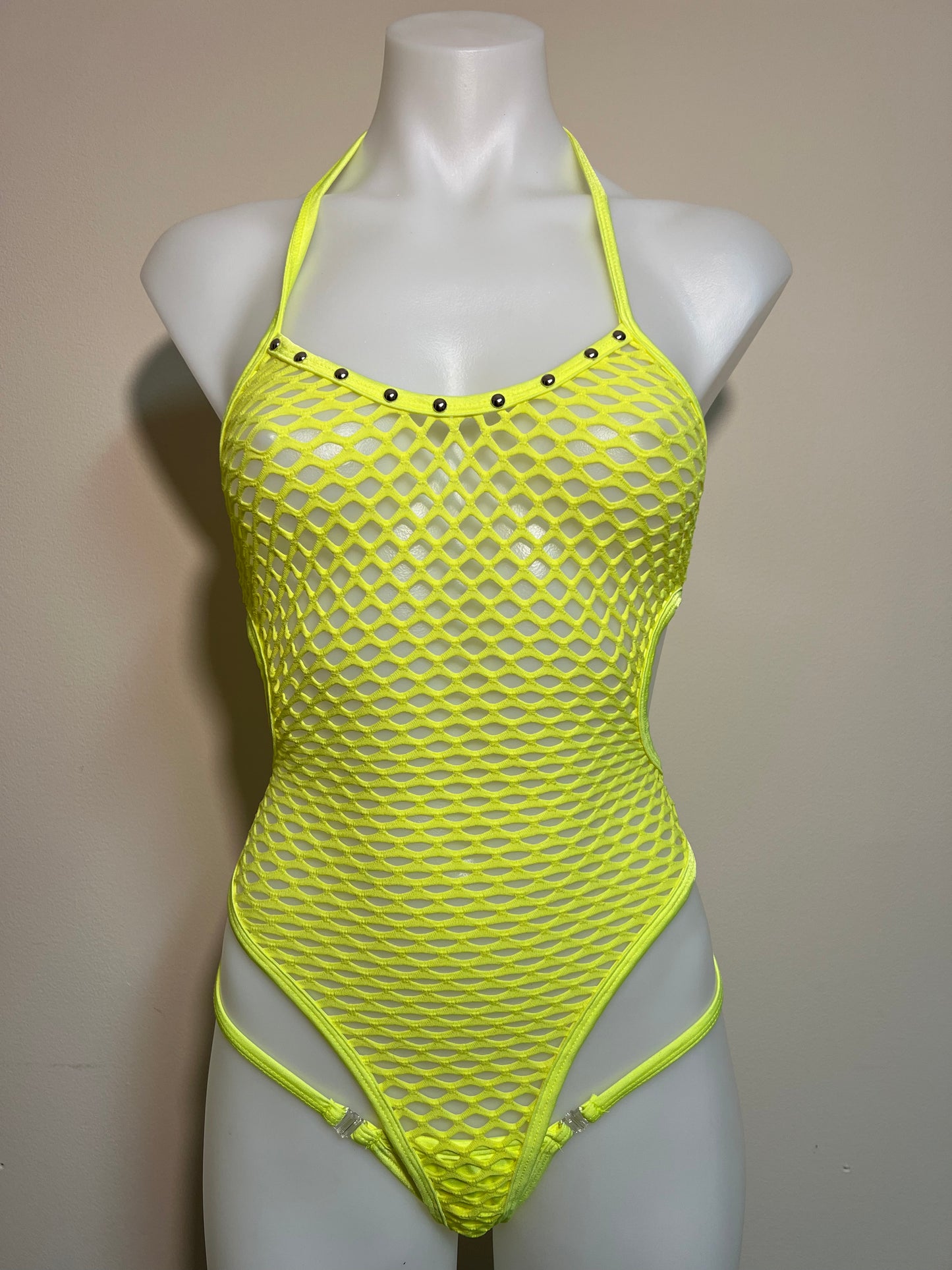 Yellow Fishnet Exotic Dance Wear One Piece Outfit